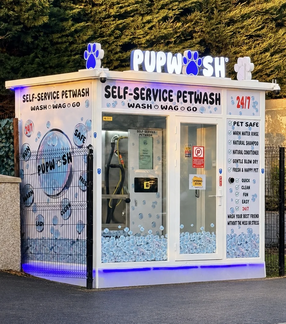 Outdoor Pupwash kiosk ready for self-service dog washing